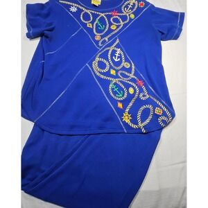 CST Sport Petites Blue Nautical Rope Anchor Embroidered Tunic Top Pants Set 1XWP